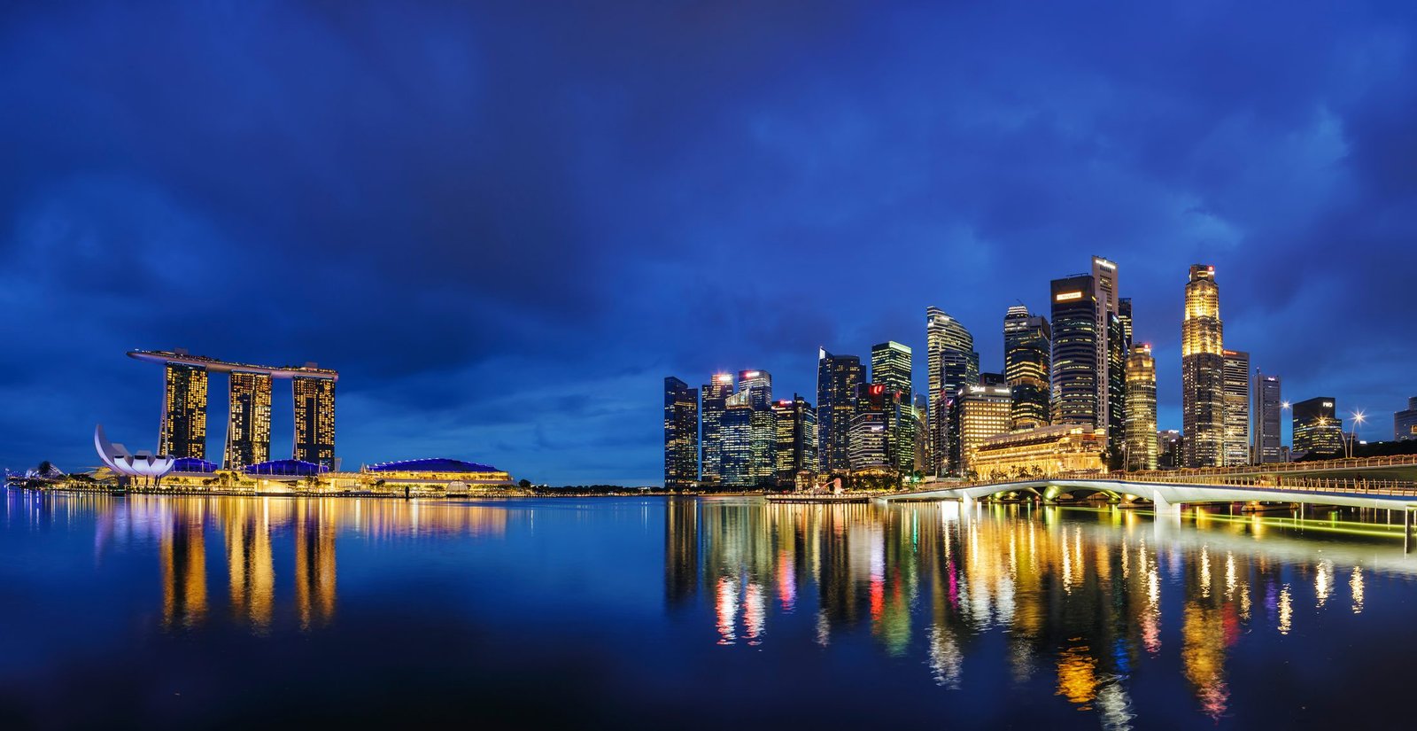 Singapore Marina Bay panorama at blue hour, Marina Bay Sands and the financial district reflected in still water